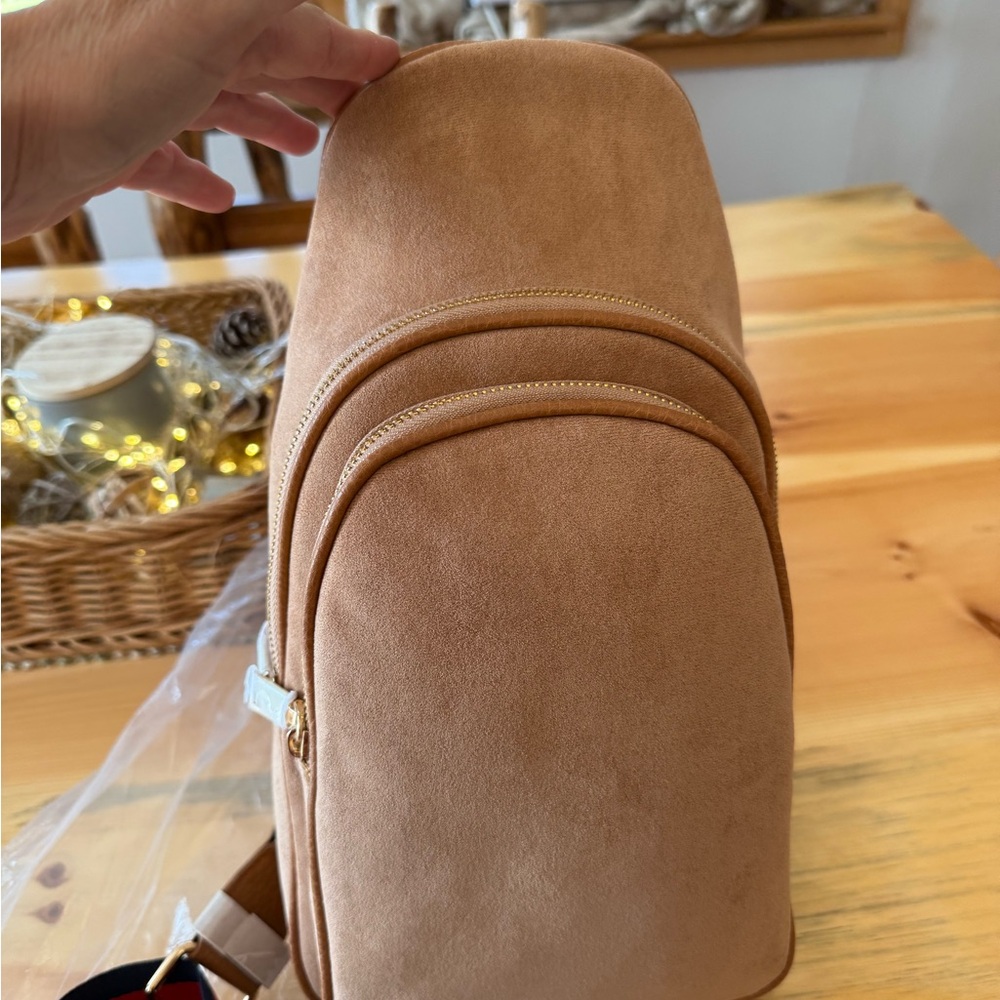 Shiraleah Tan Sling Bag with Red and Blue Strap